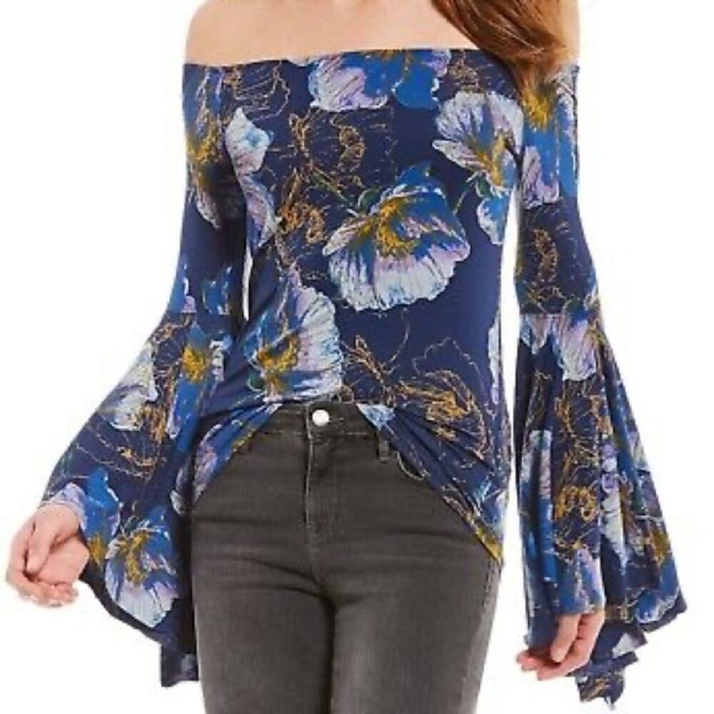 Free People Printed Birds Of Paradise Off The Shoulder Bell Sleeve Top Navy XS